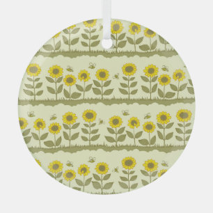 Sunflowers, bees, cute seamless pattern. glass ornament
