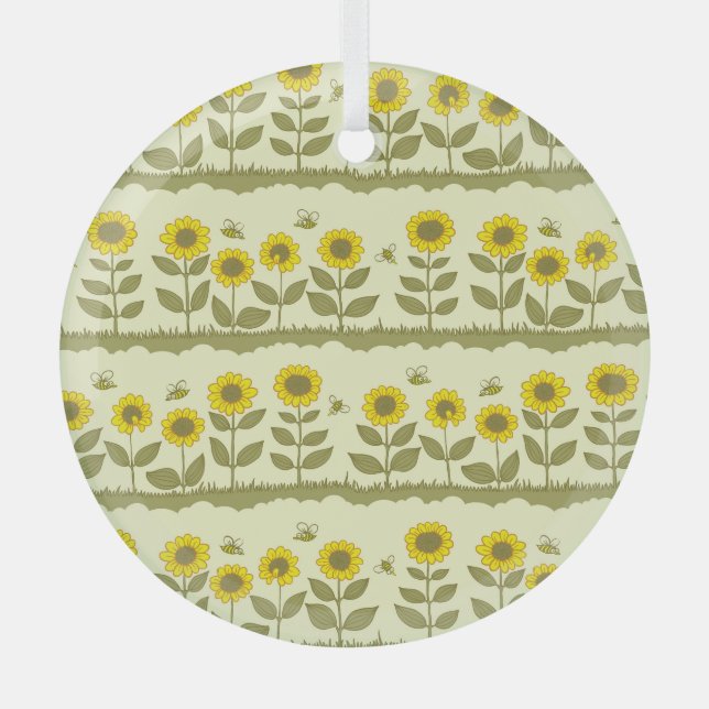Sunflowers, bees, cute seamless pattern. glass ornament (Front)