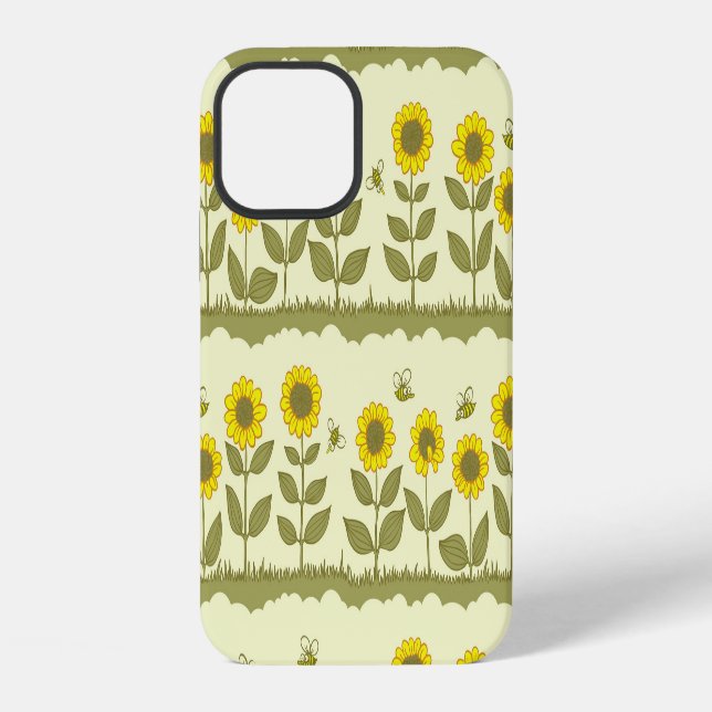 Sunflowers, bees, cute seamless pattern. iPhone case (Back)