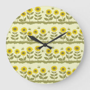 Sunflowers, bees, cute seamless pattern. large clock