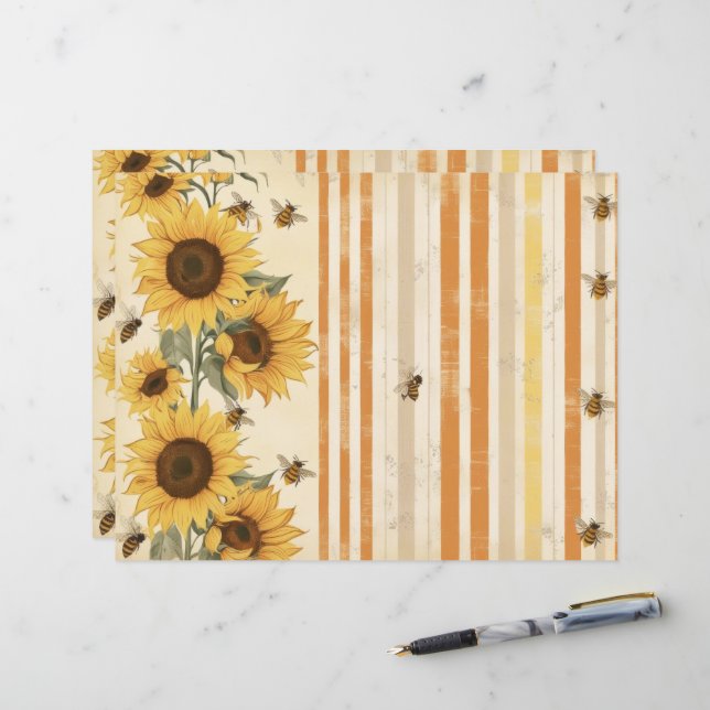 Sunflowers Bees Livre Vintage papier journal (Devant/Arrière en situation)