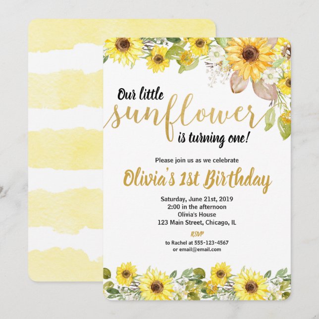Sunflowers birthday party invitation for girl (Front/Back)