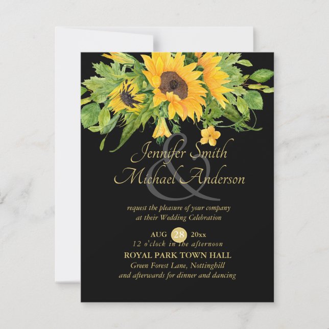 Sunflowers Black Gold Floral Wedding Invitation (Devant)