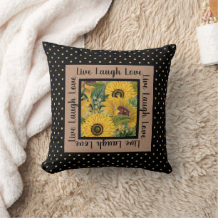 Sunflowers Black Gold Polka Dot Live Laugh Love Th Throw Pillow