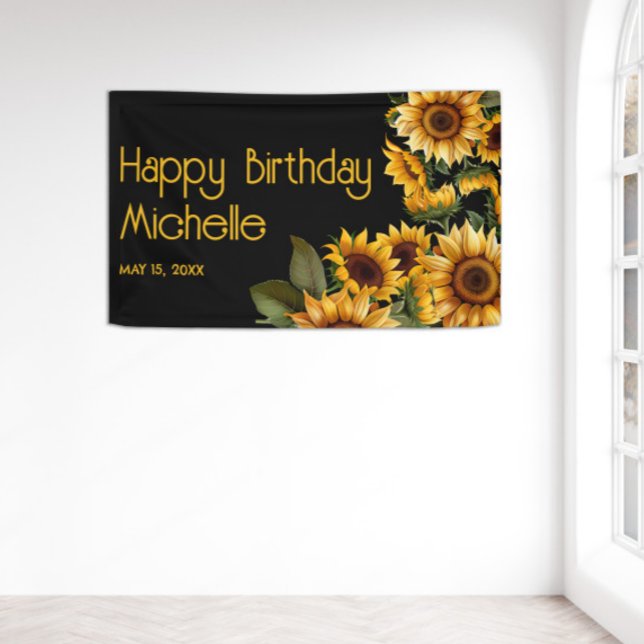 Sunflowers Black Rustic Elegant Happy Birthday Banner (Yellow sunflowers on black custom birthday party banner)