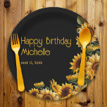 Sunflowers Black Rustic Elegant Happy Birthday Paper Plate<br><div class="desc">Rustic,  elegant custom birthday party "Happy Birthday" paper plates with yellow sunflowers on a black background. Personalized with the name of the guest of honour and her party date. Contact me for assistance with your customizations or to request additional matching or coordinating Zazzle products for your celebration.</div>