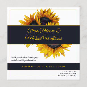 Sunflowers Bloom   Gold and Navy Modern Wedding Invitation