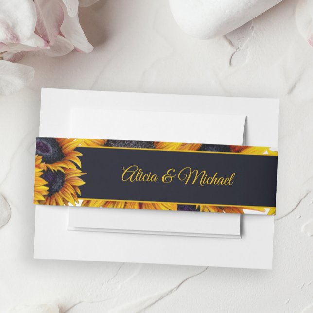 Sunflowers Bloom | Navy Blue Gold Stripe Wedding Invitation Belly Band (Creator Uploaded)