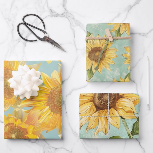 Sunflowers blue background wrapping paper sheet (Front)