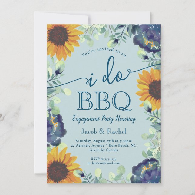 Sunflowers & Blue Floral I Do BBQ Engagement Invitation (Front)