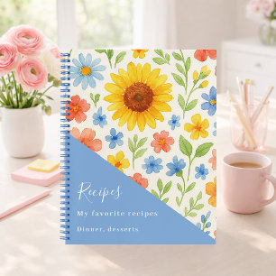Sunflowers blue florals recipe notebook