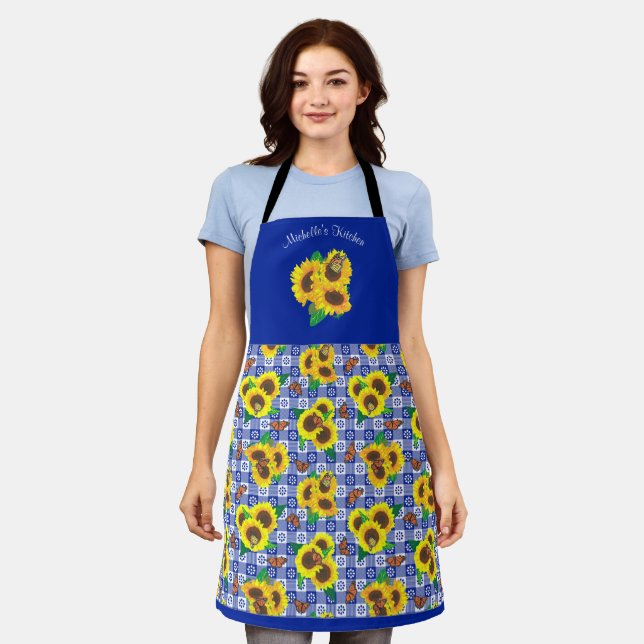 Sunflowers Blue Gingham Apron (Worn)