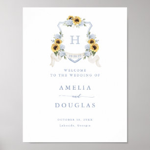 Sunflowers Blue Hydrangea Crest Affiche de bienven