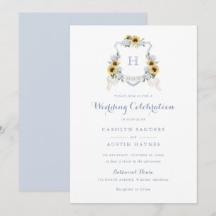 Sunflowers Blue Hydrangea Crest Monogram Wedding Invitation