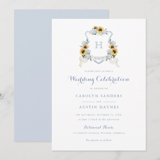 Sunflowers Blue Hydrangea Crest Monogram Wedding Invitation (Front/Back)