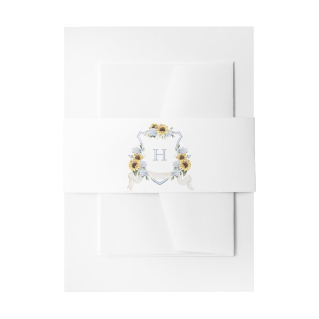Sunflowers Blue Hydrangea Crest Wedding Monogram Invitation Belly Band (Front Example)
