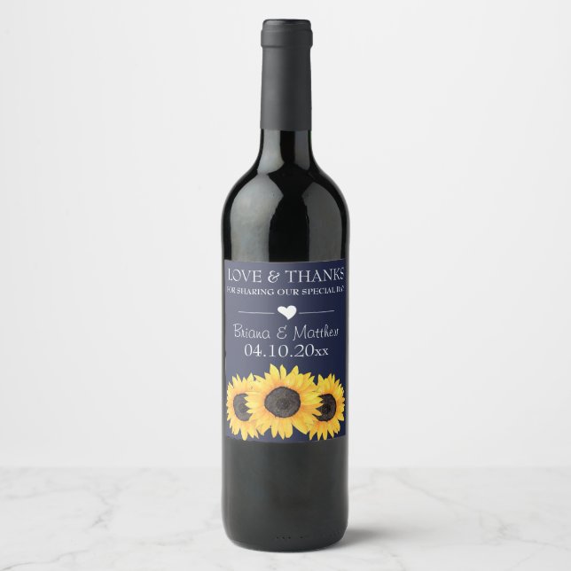 Sunflowers Blue Love & Thanks Wedding Wine Label (Front)