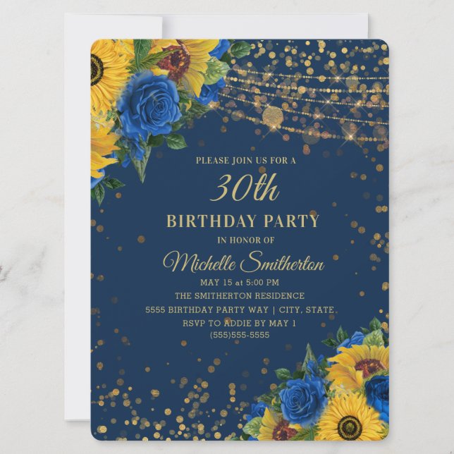 Sunflowers Blue Roses Gold Glitter 30th Birthday Invitation (Front)