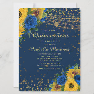 Sunflowers Blue Roses Gold Glitter Quinceanera Invitation