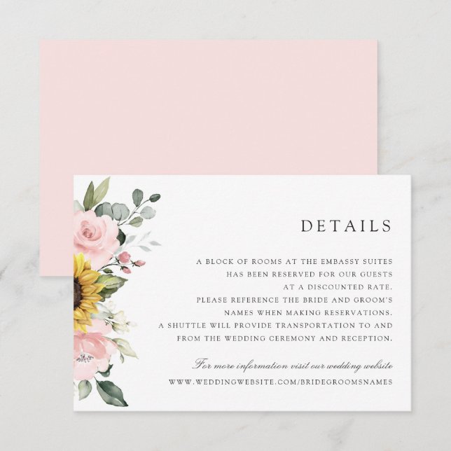 Sunflowers Blush Greenery Mariage Détails Carte (Devant / Derrière)