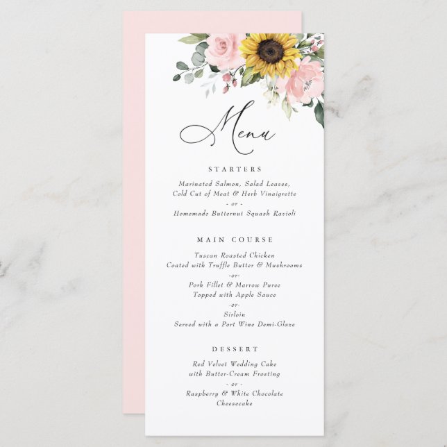 Sunflowers Blush Pink Floral Greenery Wedding Menu (Front/Back)