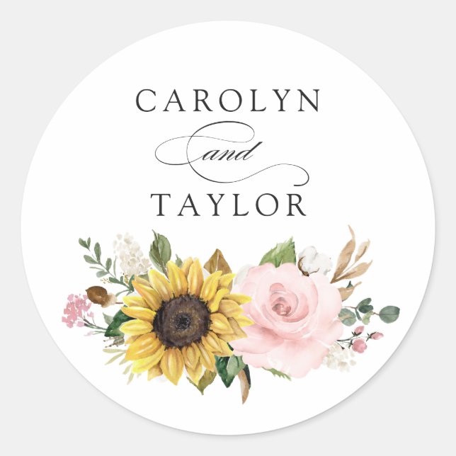 Sunflowers Blush Pink Floral Romantic Envelope Classic Round Sticker (Front)