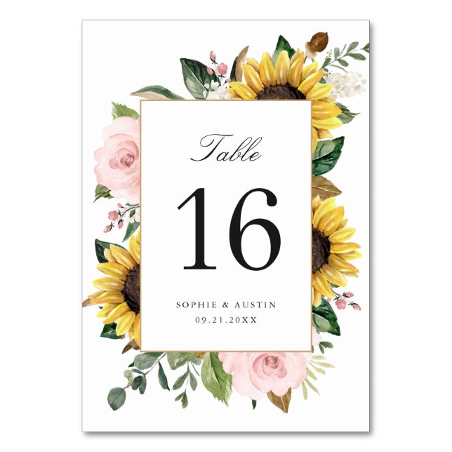 Sunflowers Blush Pink Floral Romantic Table Number (Front)