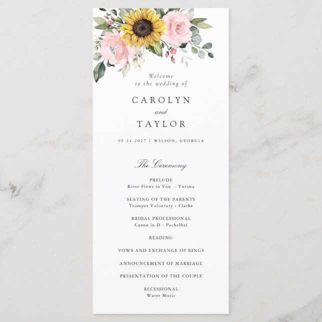 Sunflowers Blush Pink Floral Romantic Wedding Program (Front)