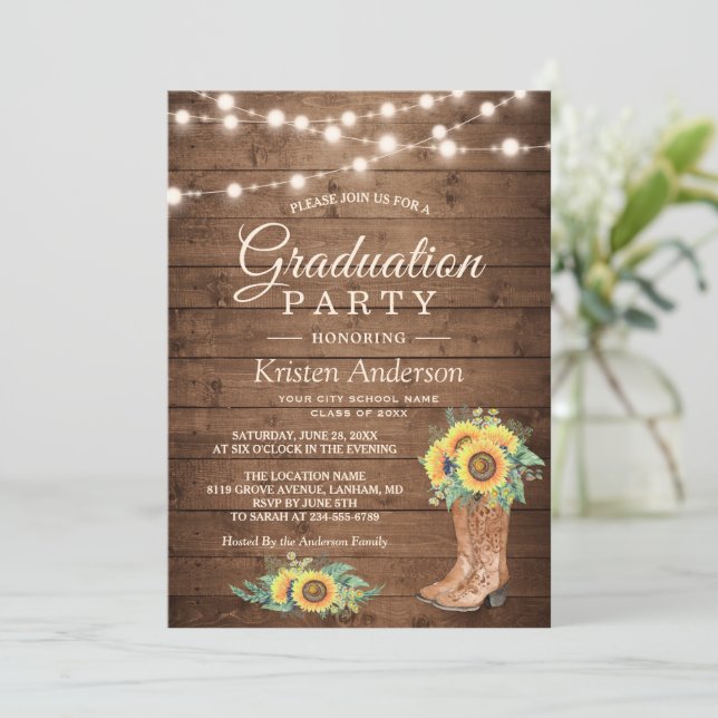 Sunflowers Boots String Lights Graduation Party Invitation (Standing Front)