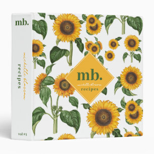 Sunflowers Botanical Foliage Monogram Recipe Binder