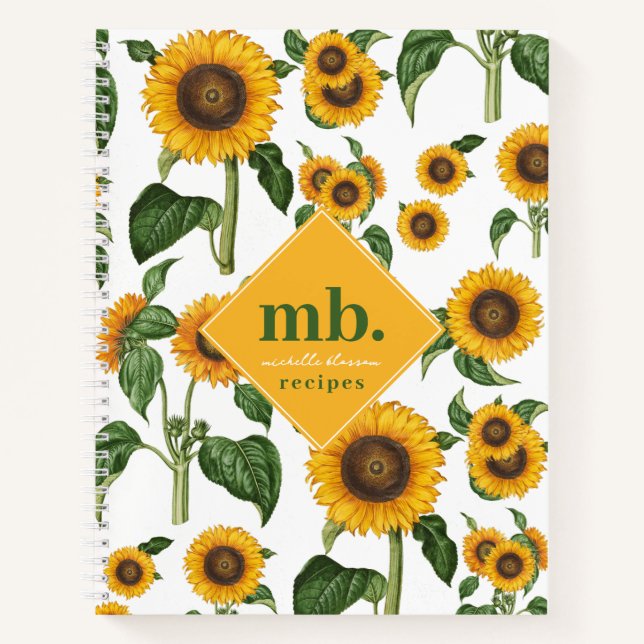 Sunflowers Botanical Foliage Monogram Recipe Notebook (Front)