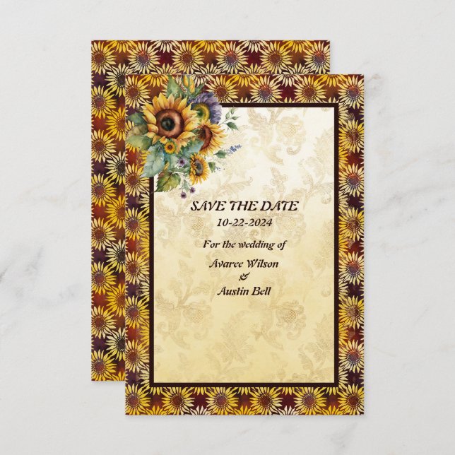 Sunflowers Bouquet Brown Gold  Save The Date (Front/Back)