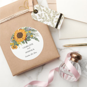 Sunflowers Bouquet Floral Couple Name Wedding     Classic Round Sticker