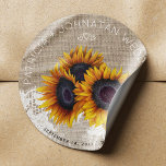 Sunflowers bouquet rustic burlap lace wedding classic round sticker<br><div class="desc">Editable text favour sticker featuring a rustic big beautiful sunflowers bouquet and vintage white lace on a beige faux burlap / canvas background. Ideal for your summer or autumn fall | elegant rustic country | outdoor backyard vintage traditional themed wedding. Personalize it with bride's and groom's names and wedding details!...</div>