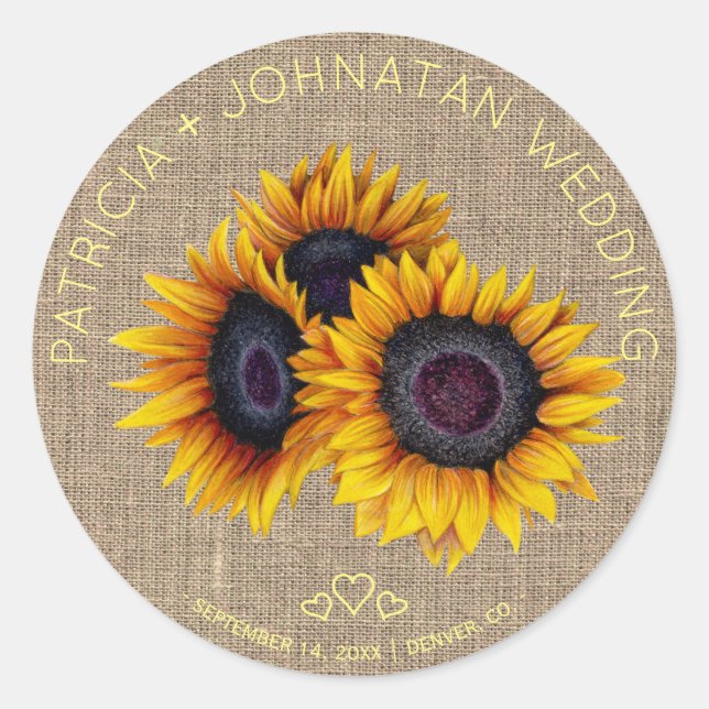 Sunflowers bouquet rustic burlap wedding classic round sticker (Front)