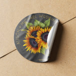Sunflowers bouquet rustic chalkboard wedding classic round sticker<br><div class="desc">Editable text favour sticker featuring a rustic big beautiful sunflowers bouquet on a dark grey charcoal chalkboard background. Ideal for your summer or autumn fall | elegant rustic country | outdoor backyard themed wedding. Personalize it with bride's and groom's names and wedding details!</div>