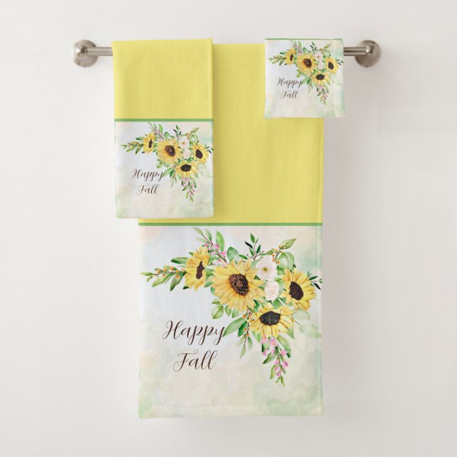 Sunflowers bouquet with customizable text bath towel set (Insitu)