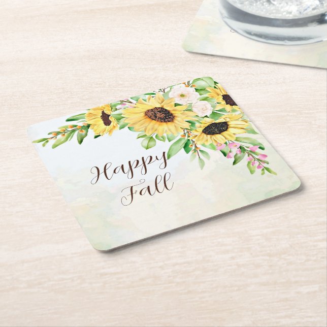 Sunflowers bouquet with customizable text square paper coaster (Angled)