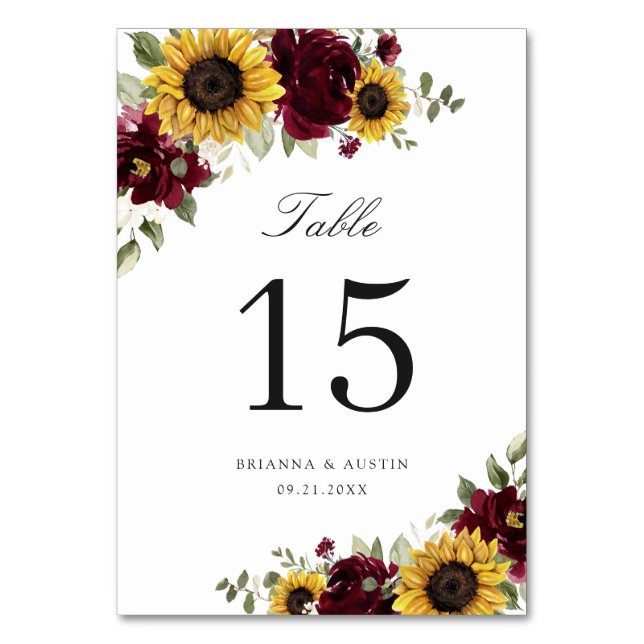 Sunflowers Bourgogne Floral Russe Numéro de table (Dos)