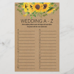 Sunflowers Bridal Shower Game A to Z Card