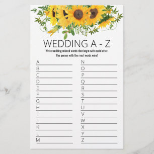 Sunflowers Bridal Shower Game A to Z Card