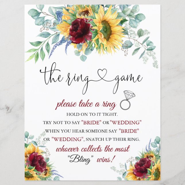 Sunflowers Bridal Shower Ring Game Instructions (Front)