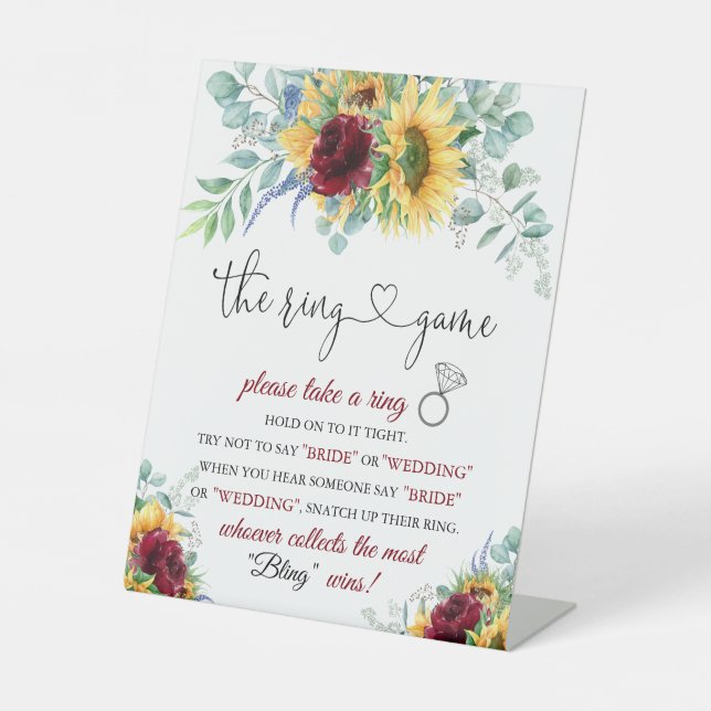 Sunflowers Bridal Shower Ring Game Instructions Pedestal Sign (Front)