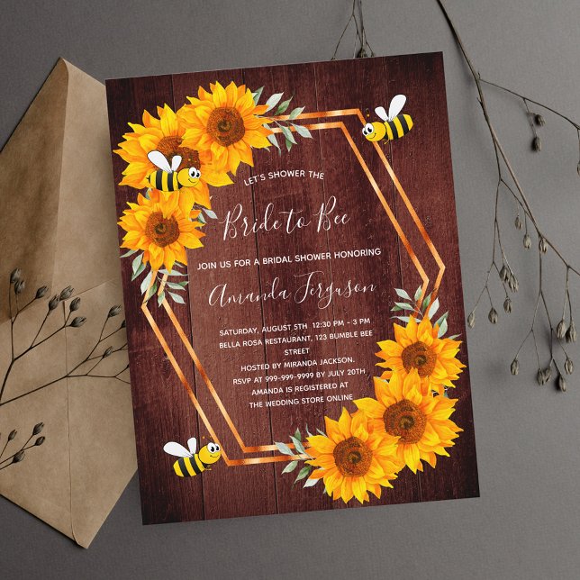 Sunflowers brown wood bees invitation postcard (Creator Uploaded)