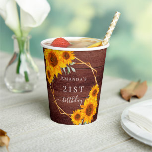 Sunflowers brown wood name rustic birthday paper cups