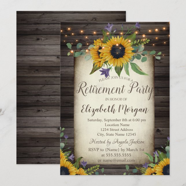  Sunflowers Brown Wood Retirement Invitation (Front/Back)