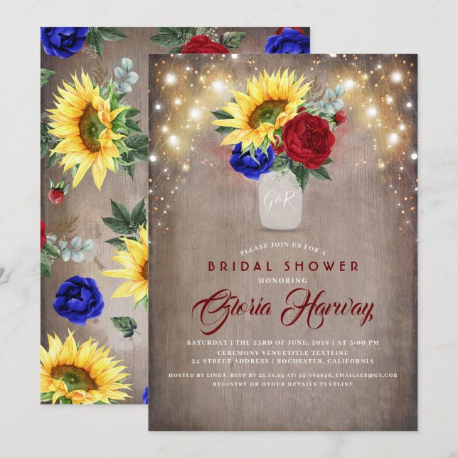 Sunflowers - Burgundy and Navy Blue Bridal Shower Invitation (Front/Back)