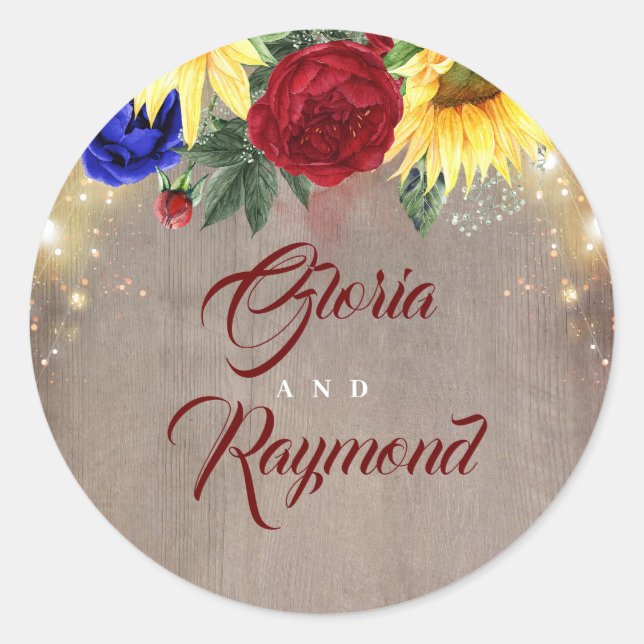 Sunflowers Burgundy and Navy Blue Flowers Rustic Classic Round Sticker (Front)