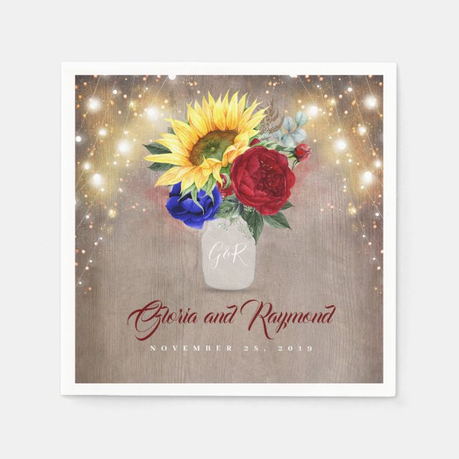 Sunflowers - Burgundy and Navy Blue Rustic Fall Napkin (Front)