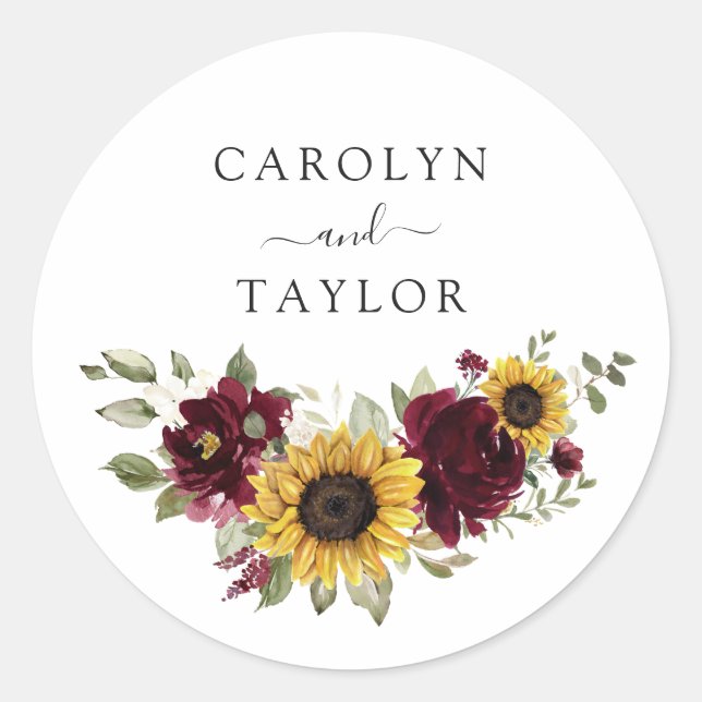 Sunflowers Burgundy Floral Envelope Seal Sticker (Front)
